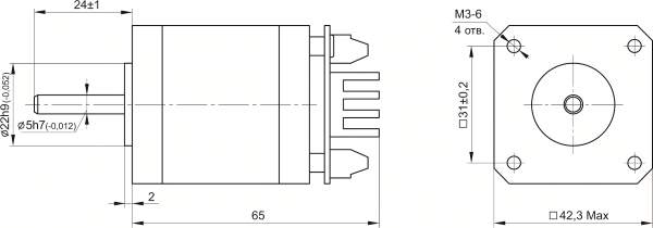 Габаритные и присоединительные размеры двигателя FL42STH47-1684A с интегрированным блоком управления SMD-1.6mini