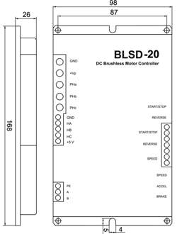 Габаритные размеры блока управления бесколлекторным двигателем BLSD-20